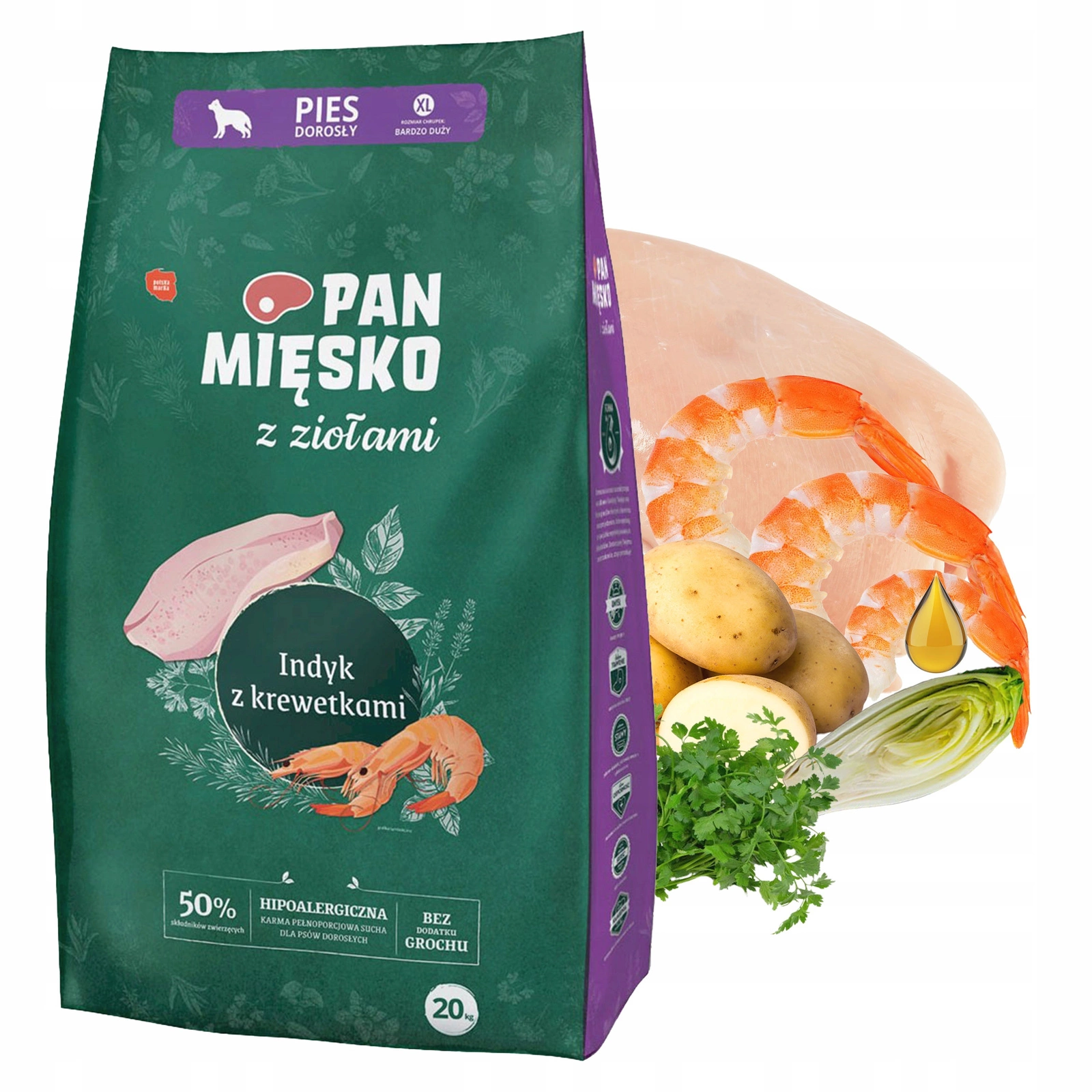 Pan Mięsko z Ziołami indyk, krewetki duże rasy 20 kg