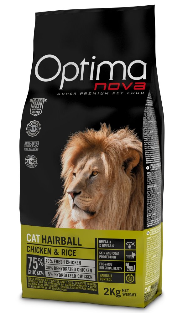 Optimanova Hairball kurczak z ryżem adult 2 kg