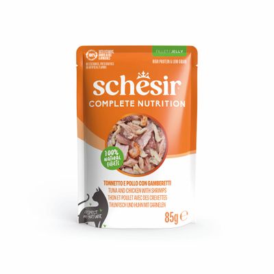 Schesir Complete Nutrition krewetki, kurczak, tuńczyk w galaretce adult 85 g × 6