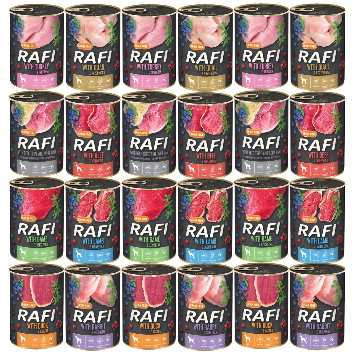 Rafi dziczyzna, indyk, jagnięcina, kaczka, królik, przepiórka, wieprzowina, wołowina 400 g × 24