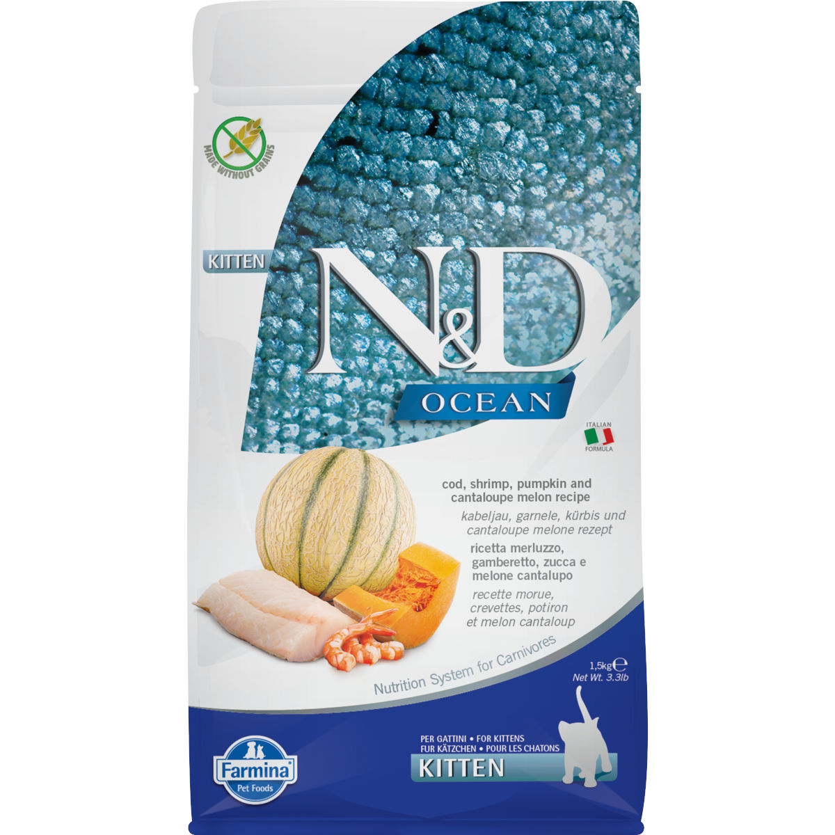 Farmina N&D Ocean dorsz, krewetki z dynią kitten 1,5 kg