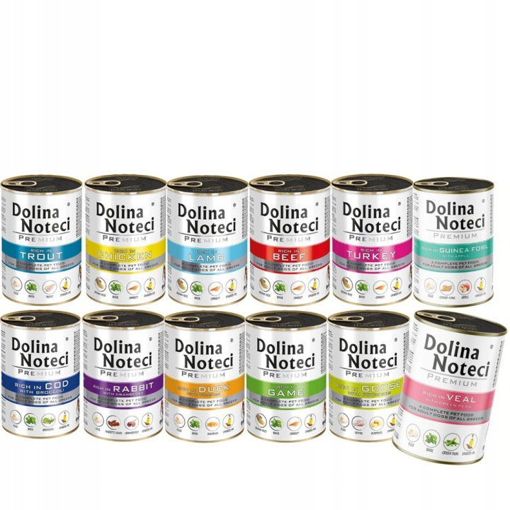 Dolina Noteci Premium dorsz, gęś, indyk, jagnięcina, królik, kurczak, pstrąg, wołowina adult 400 g × 48