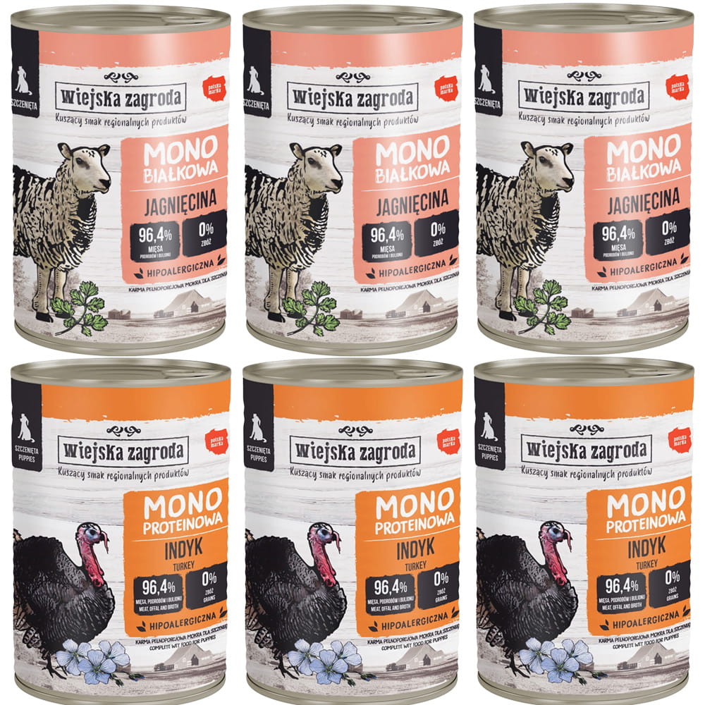 Wiejska Zagroda Mono indyk, jagnięcina puppy 400 g × 6