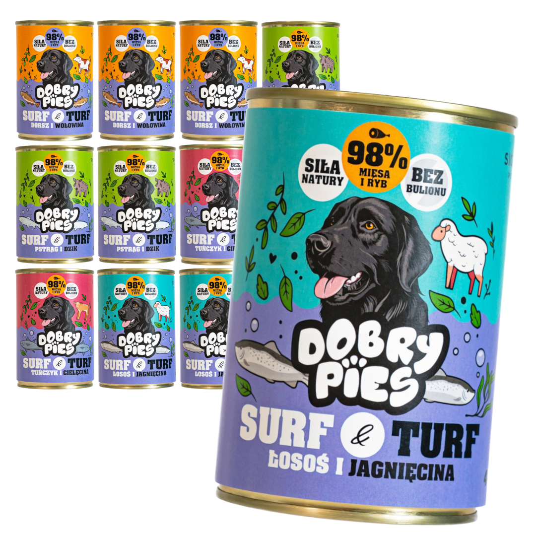 Dobry Pies Surf & Turf cielęcina, dorsz, dzik, jagnięcina, pstrąg, tuńczyk, wołowina, łosoś adult 400 g × 12