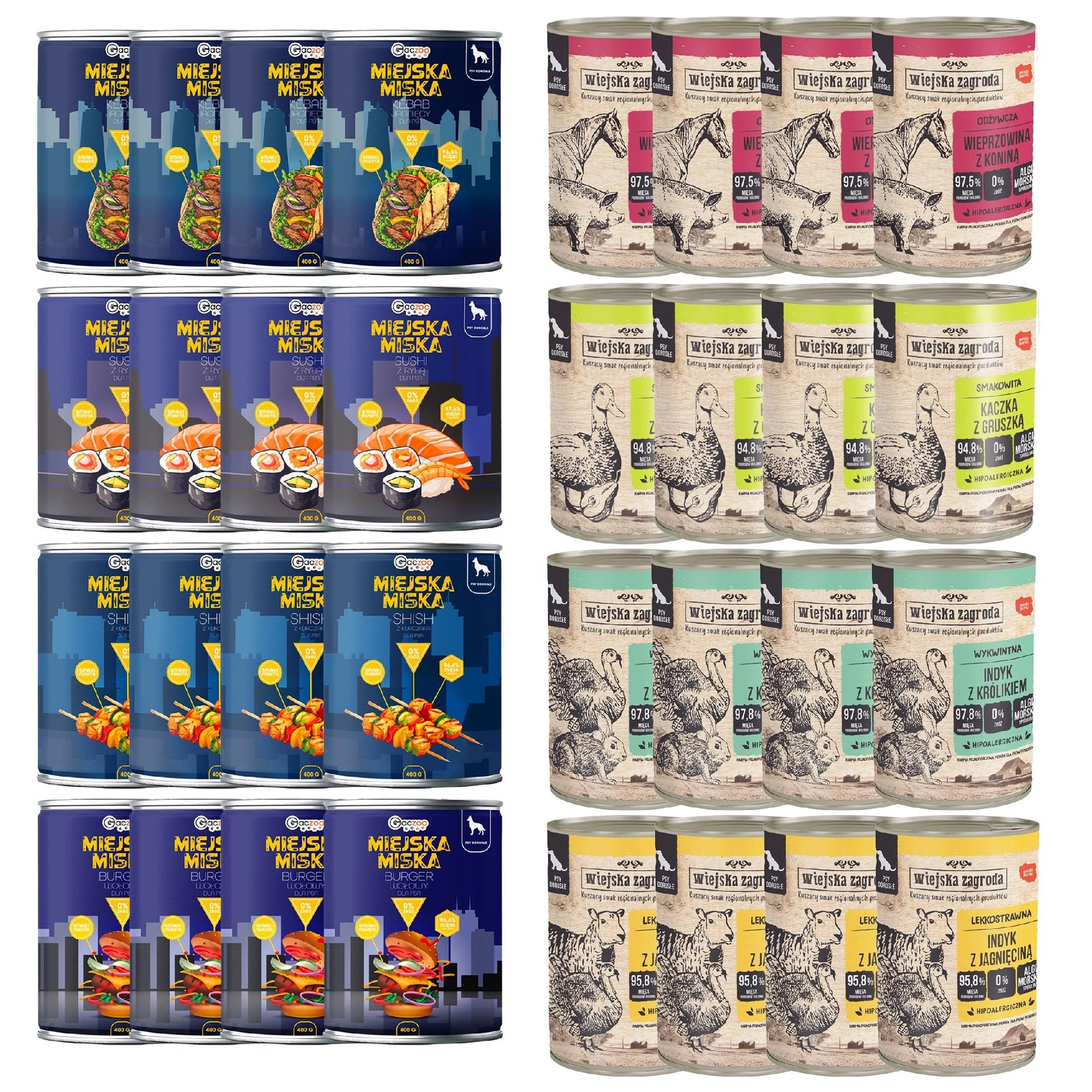 Wiejska Zagroda Miejska Miska Gaczoo mix smaków 400 g × 32
