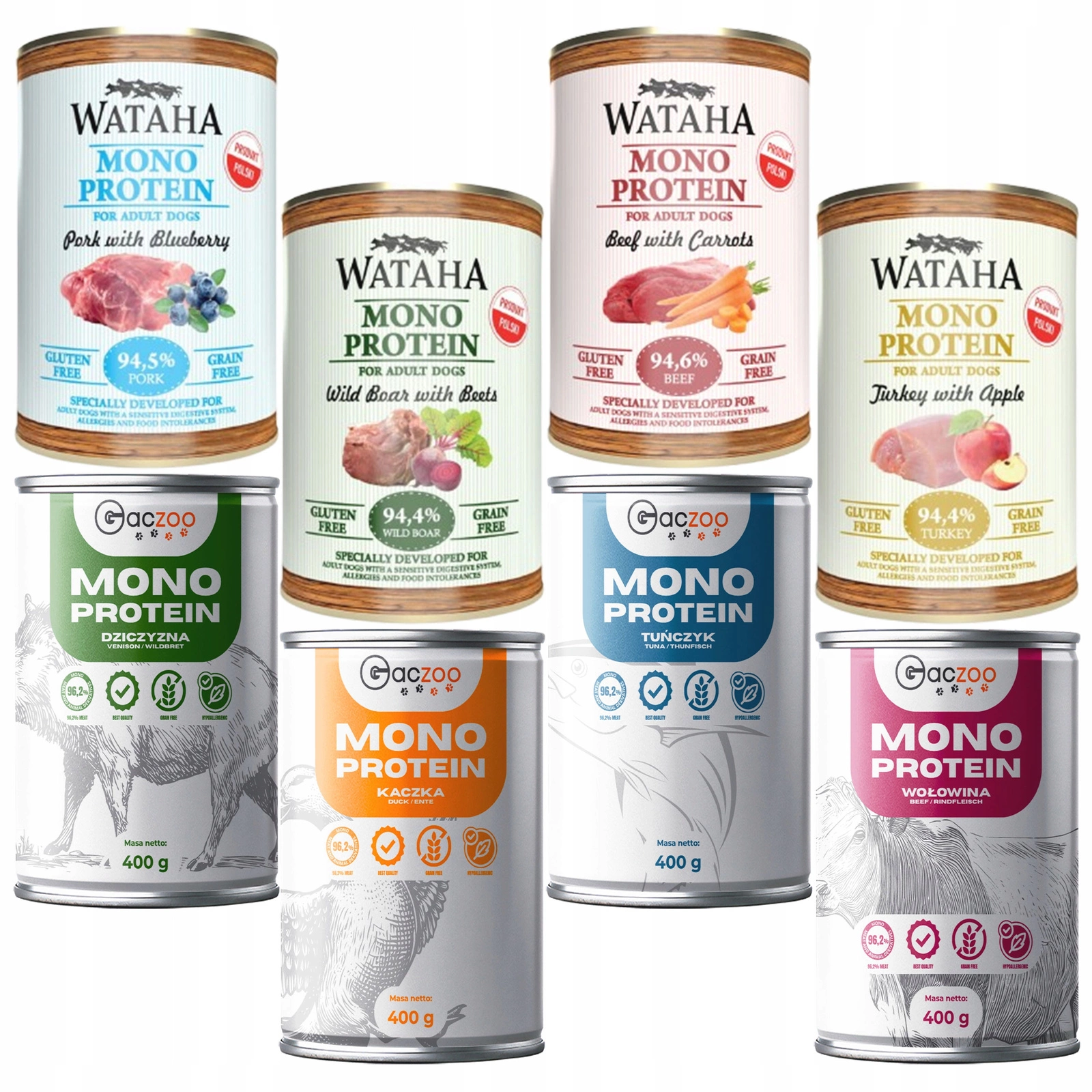 Wataha Gaczoo Mono Protein mix smaków adult 400 g × 8