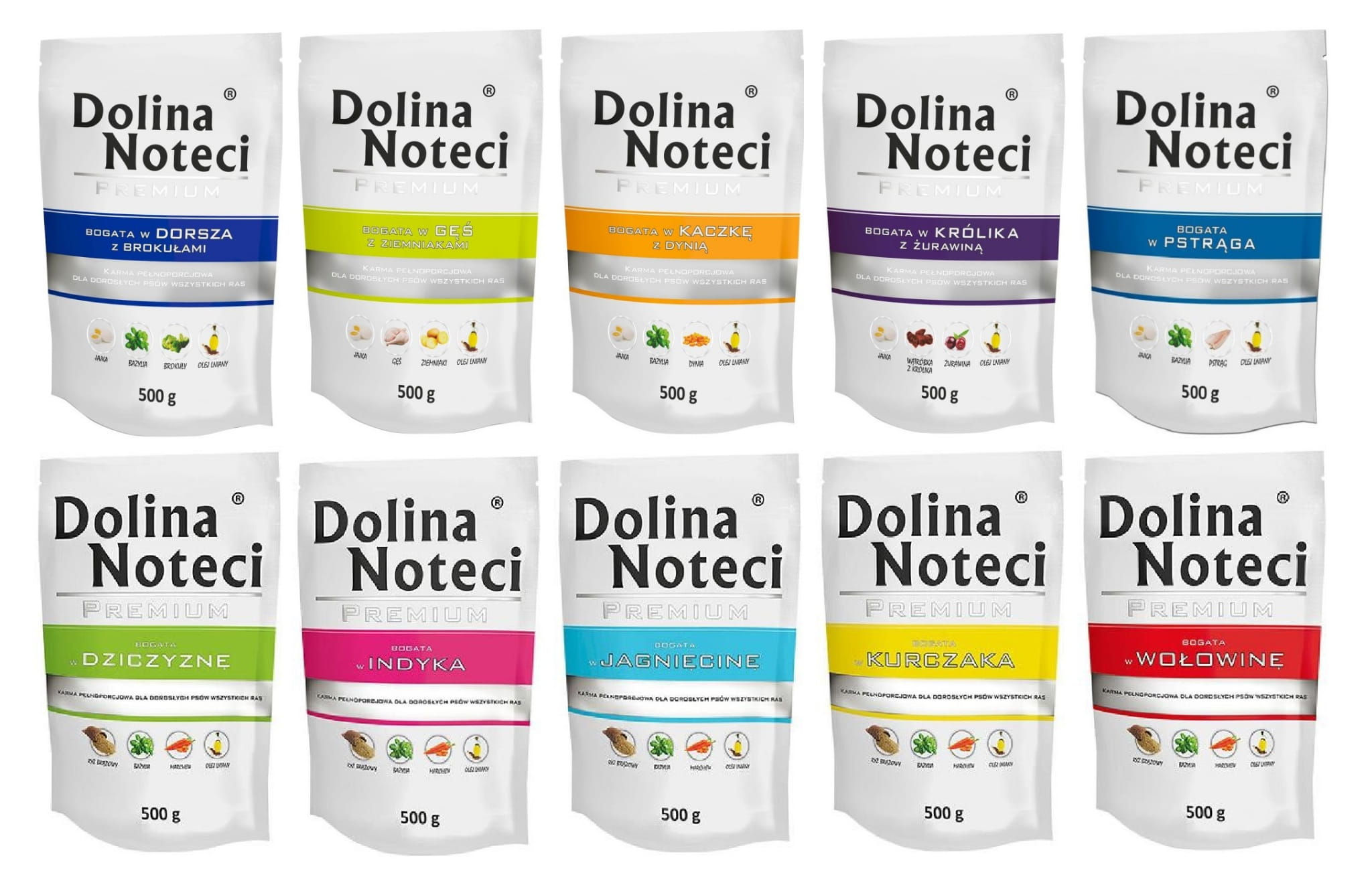 Dolina Noteci Premium dorsz, dziczyzna, gęś, indyk, jagnięcina, kaczka, królik, kurczak, pstrąg, wołowina adult 500 g × 20