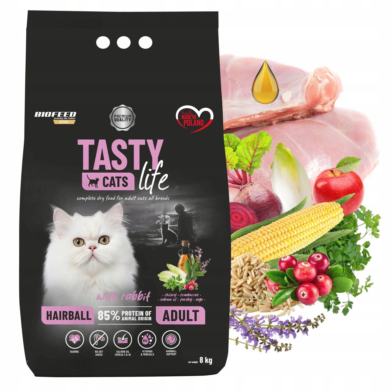 BioFeed Tasty Cats Life Hairball królik adult 8 kg