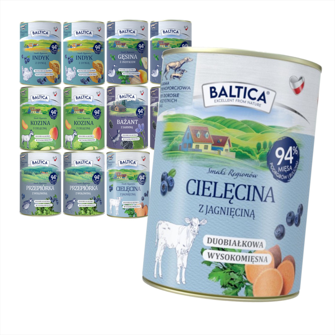 Baltica cielęcina, dziczyzna, gęsina, indyk, jagnięcina, jeleń, kaczka, kozina, wieprzowina, wołowina 400 g × 12