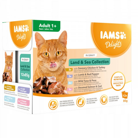 IAMS Delights dorsz, indyk, jagnięcina, kurczak, tuńczyk, łosoś adult 85 g × 12