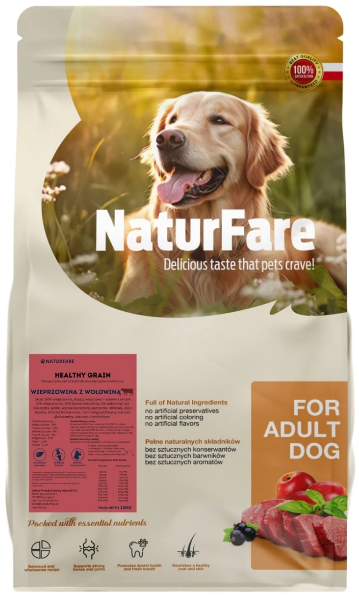 NaturFare wieprzowina, wołowina adult średnie rasy 12 kg