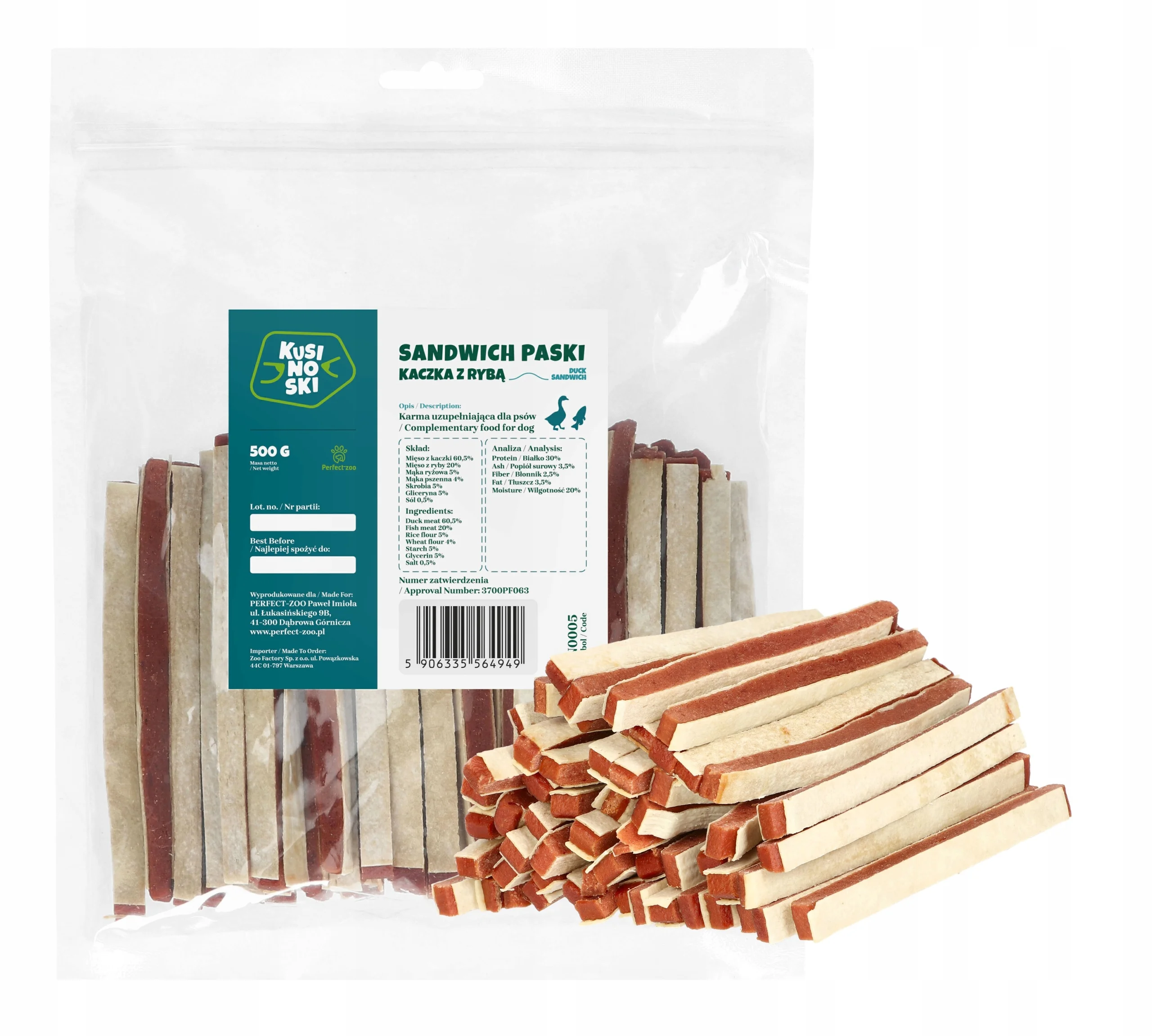 Kusinoski Sandwich Paski kaczka, ryba 500 g