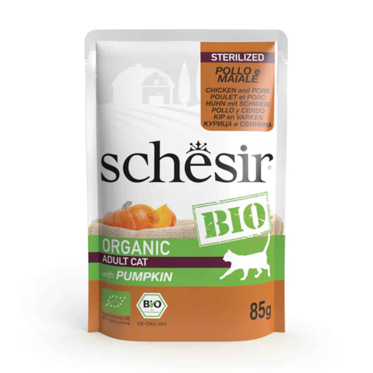 Schesir Bio Sterilised kurczak, wieprzowina z dynią pasztet adult 85 g