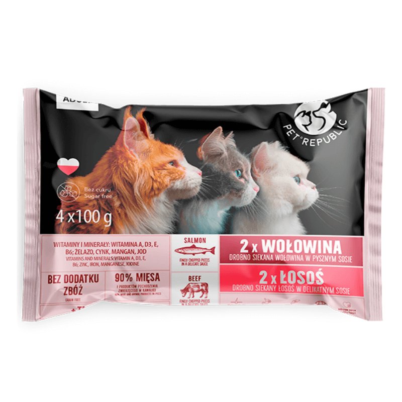 Pet Republic Skin & Coat wołowina, łosoś w sosie adult 100 g × 4