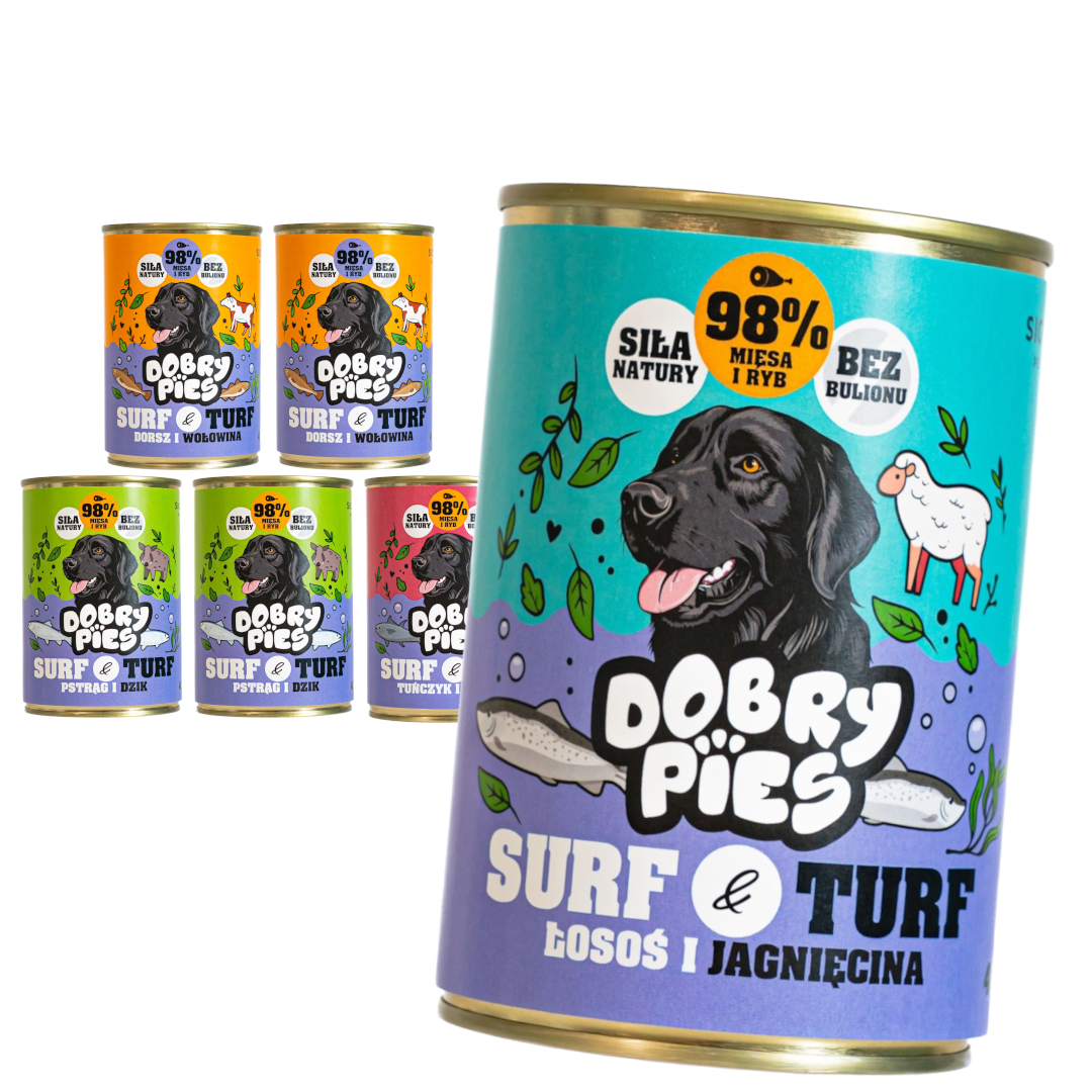 Dobry Pies Surf & Turf cielęcina, dorsz, dziczyzna, jagnięcina, pstrąg, tuńczyk, wołowina, łosoś adult 400 g × 6