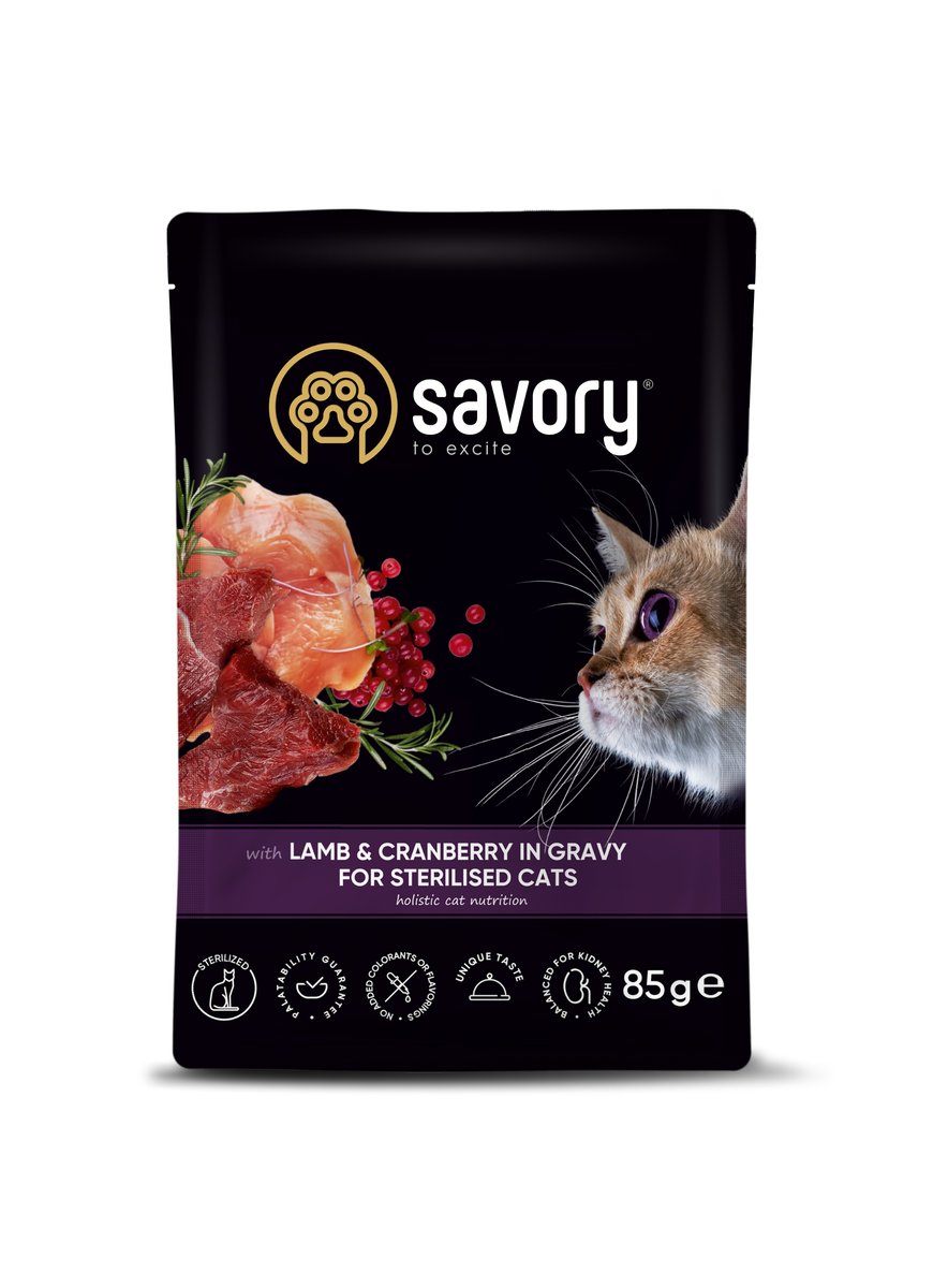 Savory Sterilised jagnięcina, kurczak z żurawiną w sosie 85 g × 6