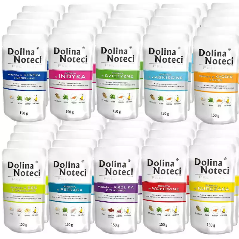 Dolina Noteci Premium dorsz, dziczyzna, gęś, indyk, jagnięcina, kaczka, królik, kurczak, pstrąg, wołowina adult 150 g × 50