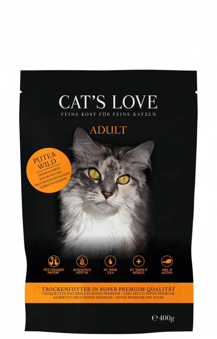 CAT'S LOVE Digestive Hairball dziczyzna, indyk adult 400 g