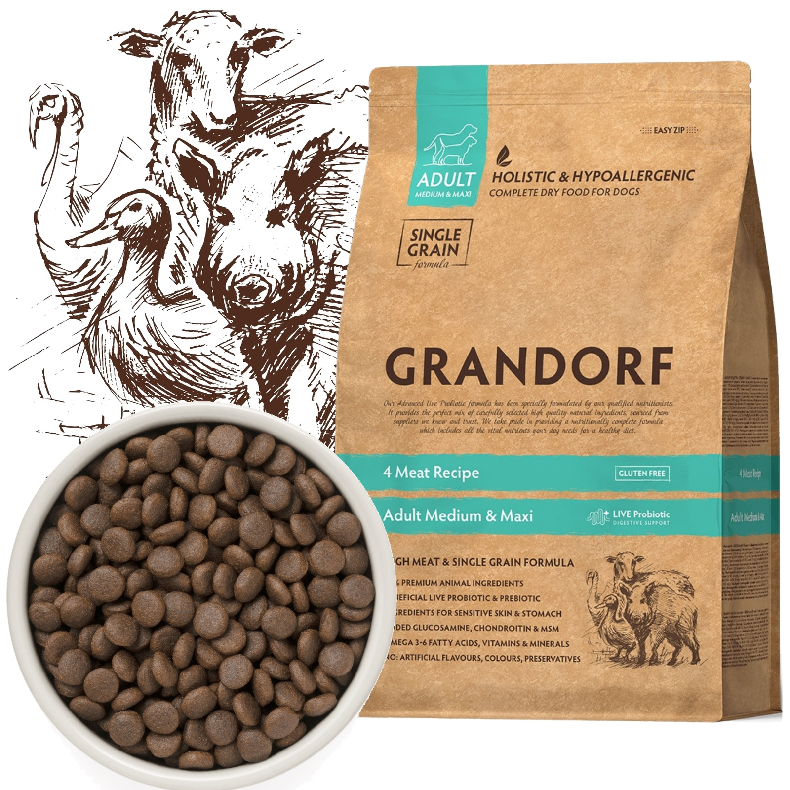Grandorf 4 Meat dziczyzna, indyk, jagnięcina, kaczka adult średnie rasy, duże rasy 3 kg