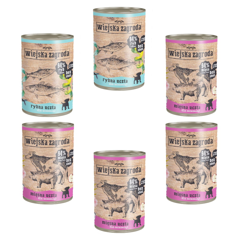 Wiejska Zagroda indyk, ryba, wieprzowina, wołowina puppy 400 g × 6