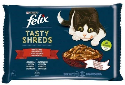 Purina Felix Tasty Shreds kurczak, wołowina w sosie 80 g × 4