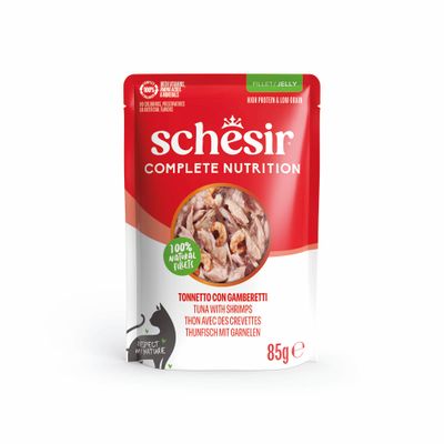 Schesir Complete Nutrition krewetki, tuńczyk w galaretce 85 g × 24