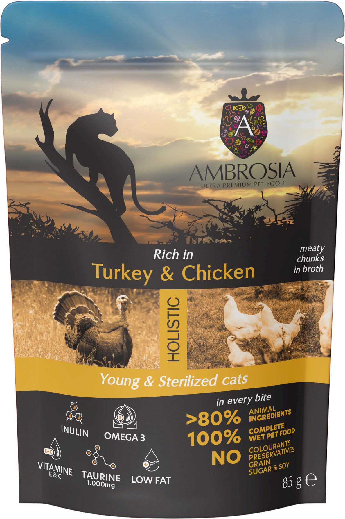 Ambrosia Sterilised indyk, kurczak w bulionie kitten 85 g
