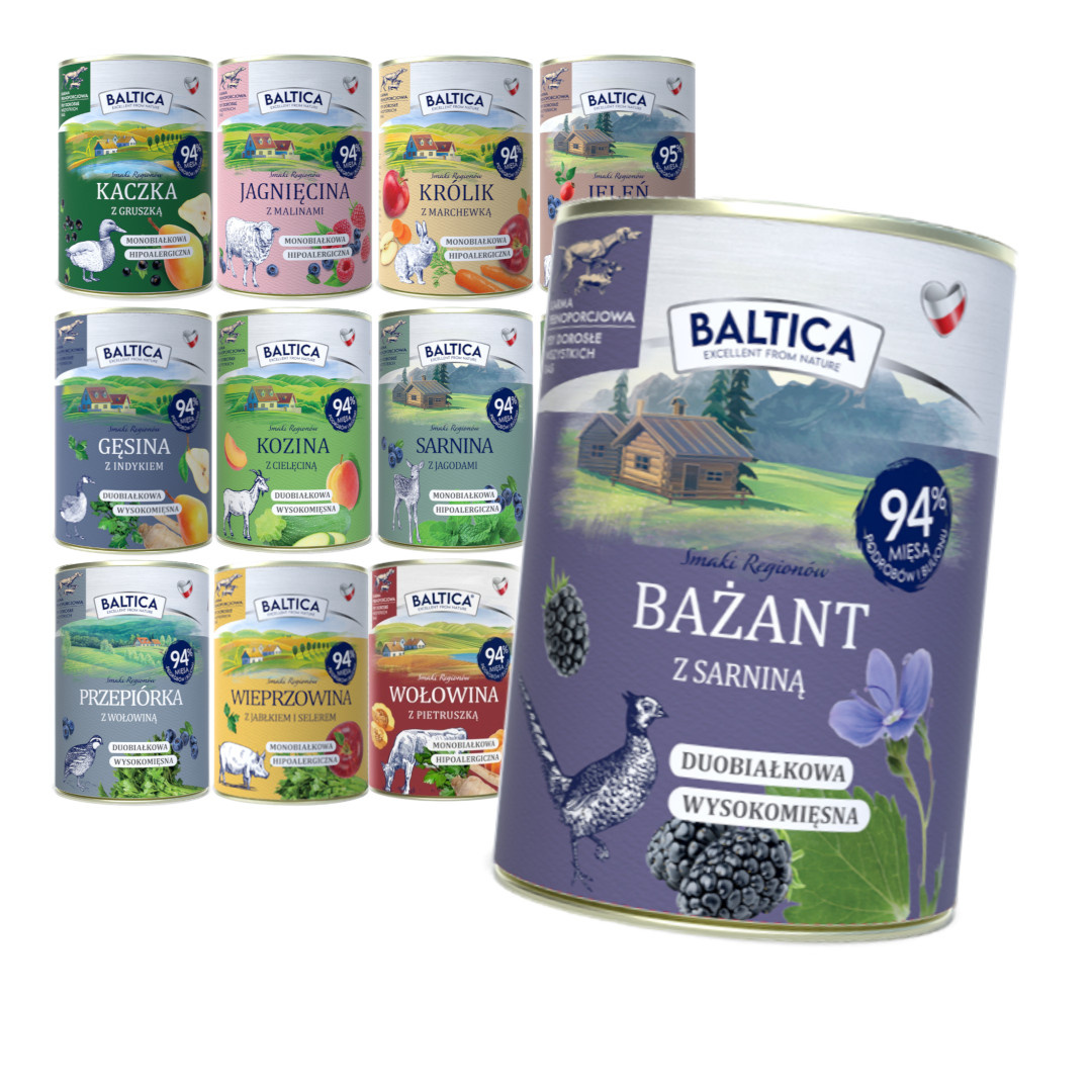 Baltica bażant, cielęcina, dziczyzna, gęsina, indyk, jagnięcina, jeleń, kaczka, kozina, królik, przepiórka, sarnina, wieprzowina, wołowina adult 400 g × 12