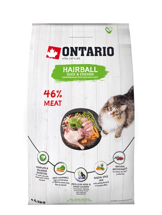 Ontario Hairball kaczka, kurczak adult 6,5 kg