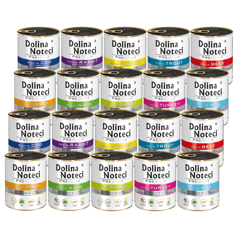 Dolina Noteci Premium dorsz, dziczyzna, gęś, indyk, jagnięcina, kaczka, królik, kurczak, pstrąg, wołowina puppy 800 g × 20