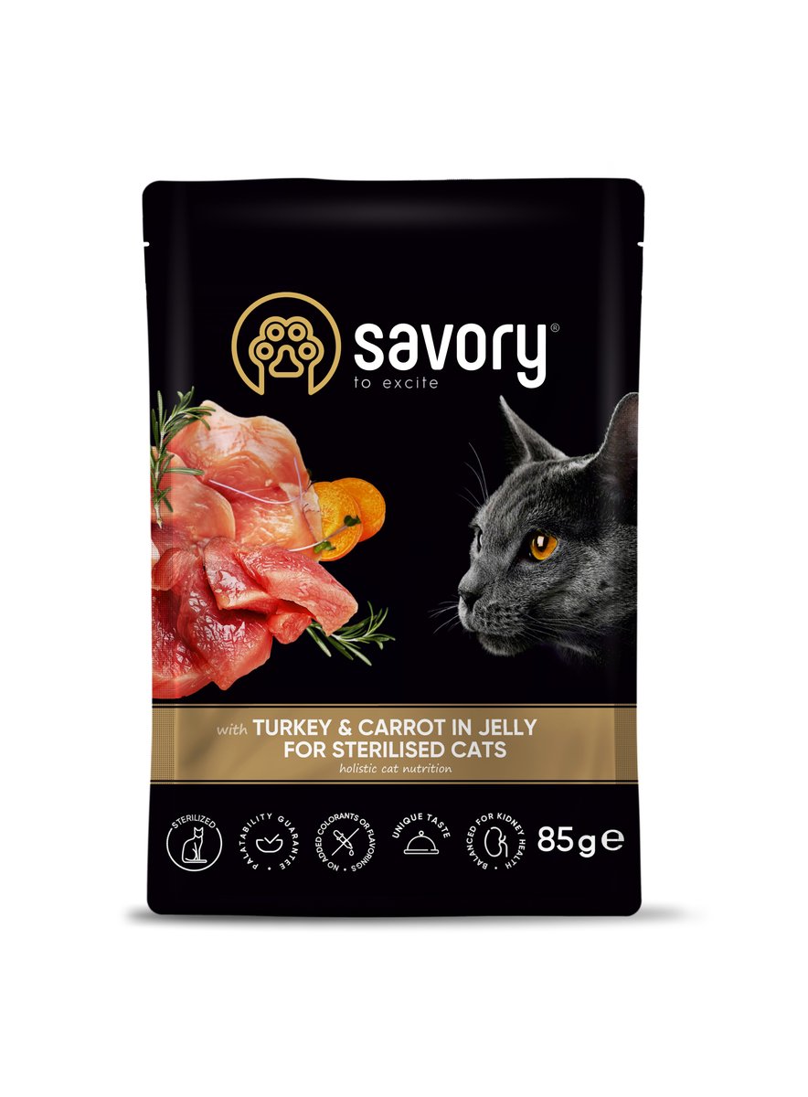 Savory Sterilised indyk, kurczak z marchewką w galaretce 85 g × 12
