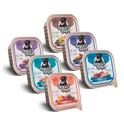 Doggy Dog cielęcina, dziczyzna, indyk, jagnięcina, kaczka, królik, kurczak, wołowina, łosoś adult 150 g × 6