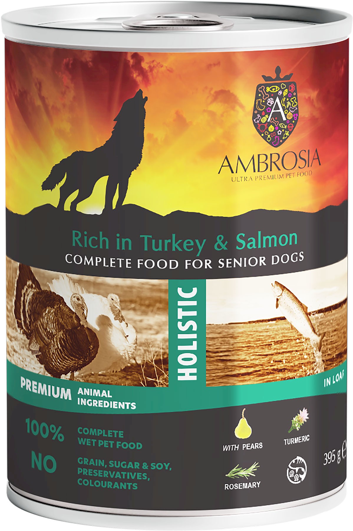 Ambrosia indyk, łosoś senior 395 g