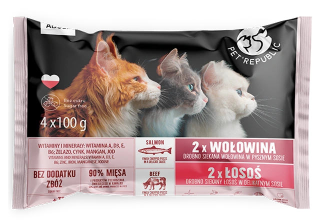 PetRepublic Skin & Coat wołowina, łosoś w sosie adult 100 g × 4