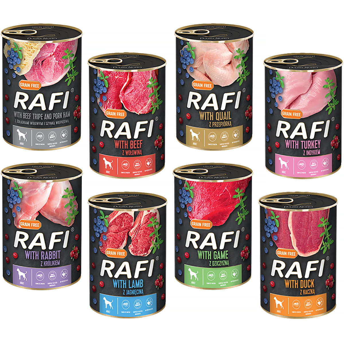 Rafi Premium dziczyzna, indyk, jagnięcina, kaczka, królik, przepiórka, wołowina, żołądek wołowy adult 400 g × 48