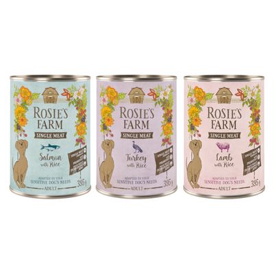 Rosie's Farm Single Meat indyk, jagnięcina, ryba z ryżem adult 395 g × 6