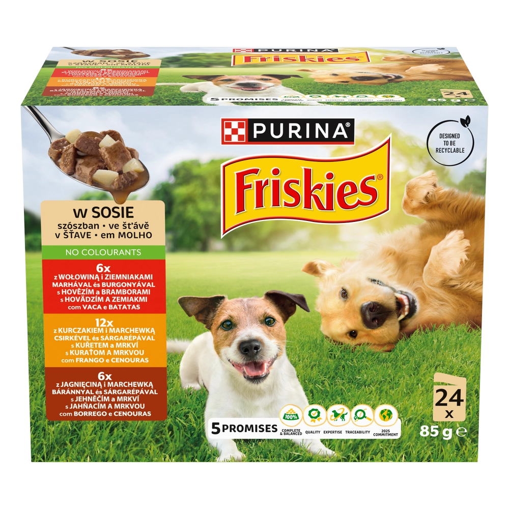 Purina Friskies z jagnięciną, kurczakiem i wołowiną w sosie dla dorosłych psów 85 g × 24