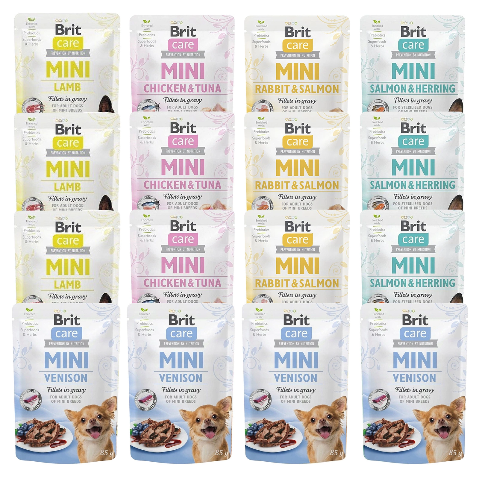 Brit Care dziczyzna, jagnięcina, królik, kurczak, tuńczyk, łosoś, śledź małe rasy 85 g × 16