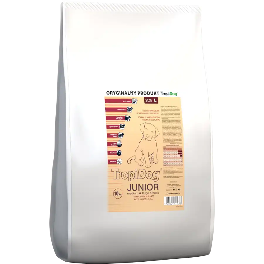 Tropidog Super Premium indyk, jaja, łosoś junior średnie i duże rasy 10 kg