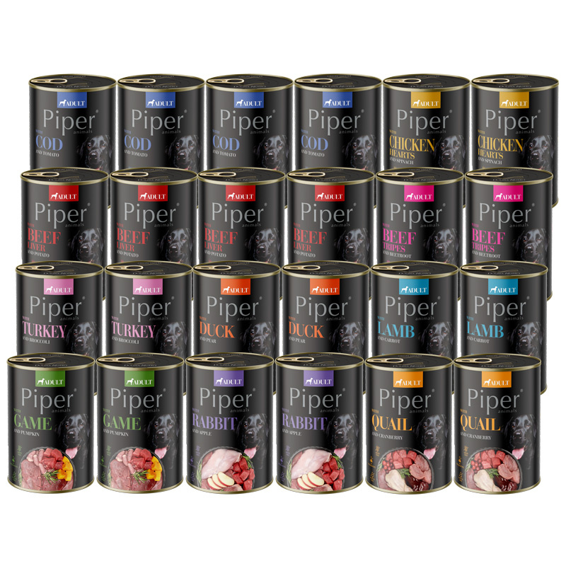 Piper Animals dorsz, dziczyzna, indyk, jagnięcina, kaczka, królik, kurczak, przepiórka, wołowina adult 400 g × 24