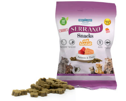Mediterranean Natural Serrano Snacks Hairball tuńczyk, łosoś kawałki 50 g