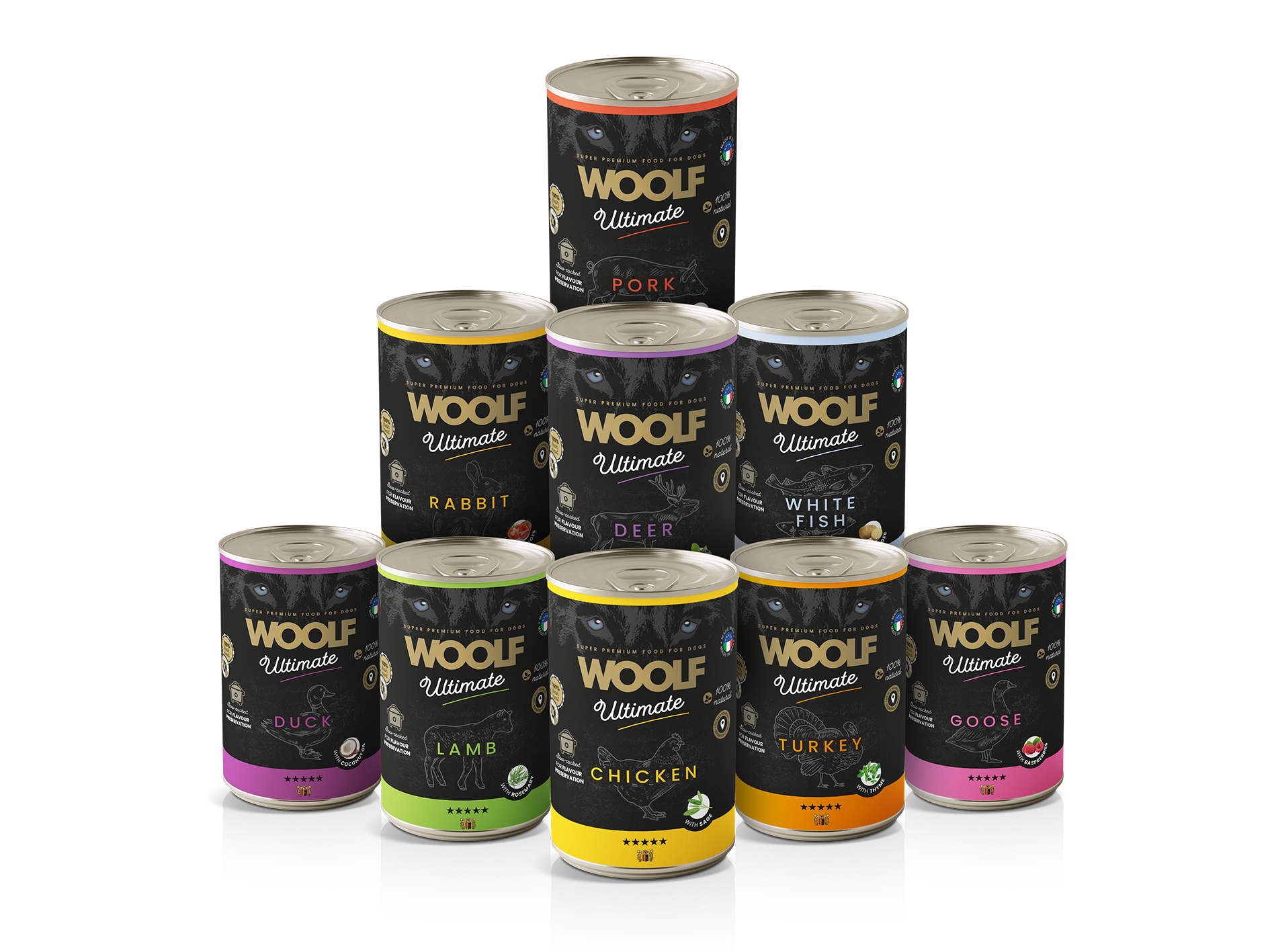 Woolf Ultimate gęś, indyk, jagnięcina, jeleń, kaczka, królik, kurczak, ryba, wieprzowina adult 400 g × 9