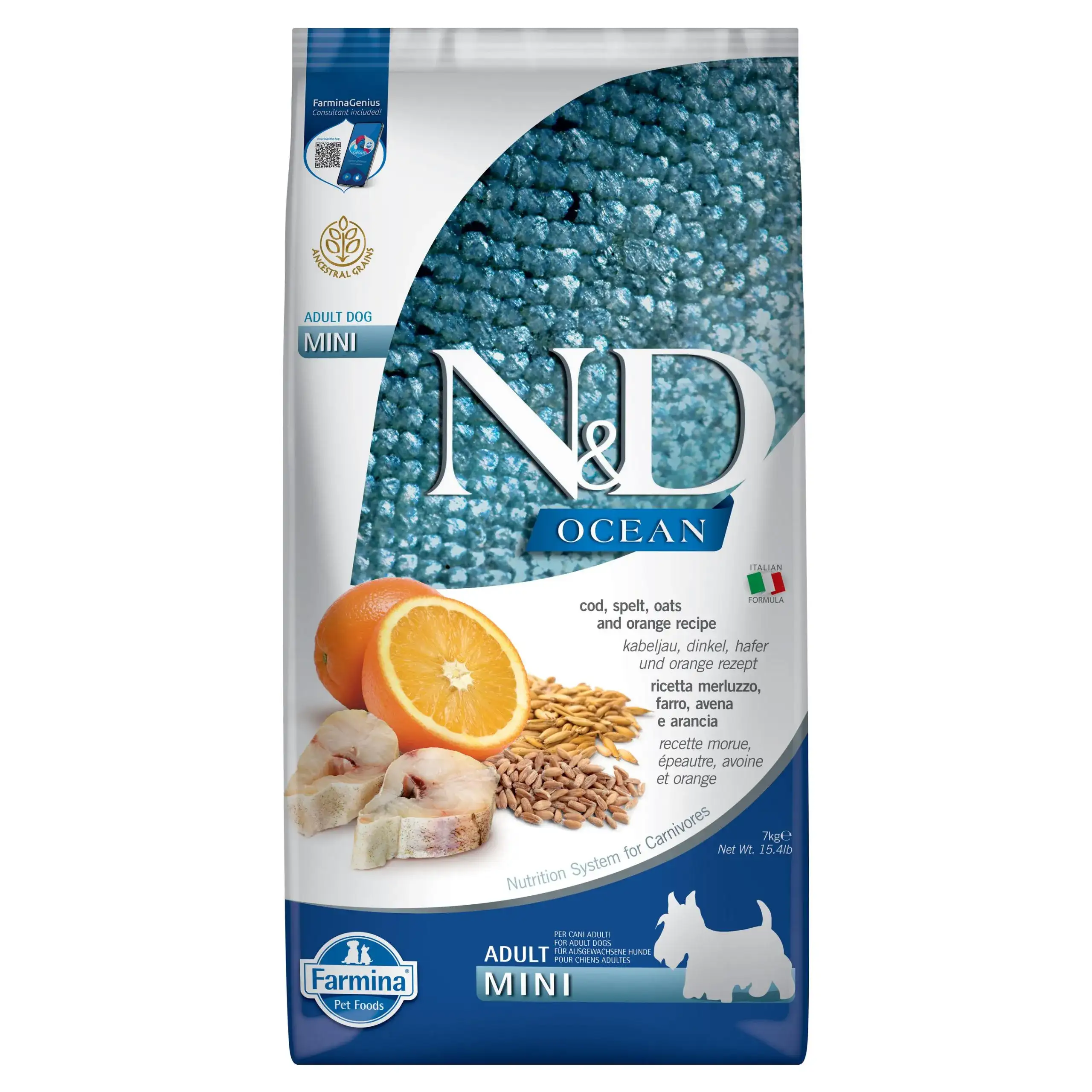 Farmina N&D Ocean dorsz z orkiszem, owsem i pomarańczą adult małe rasy 7 kg