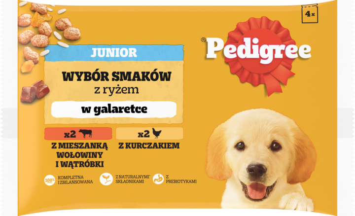 Pedigree kurczak z ryżem, wołowina z ryżem junior 100 g × 4