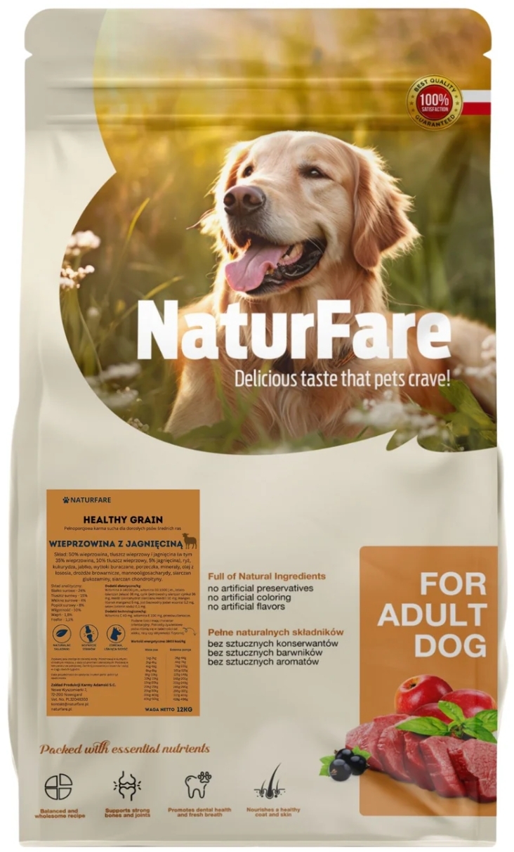 NaturFare jagnięcina, wieprzowina adult średnie rasy 12 kg