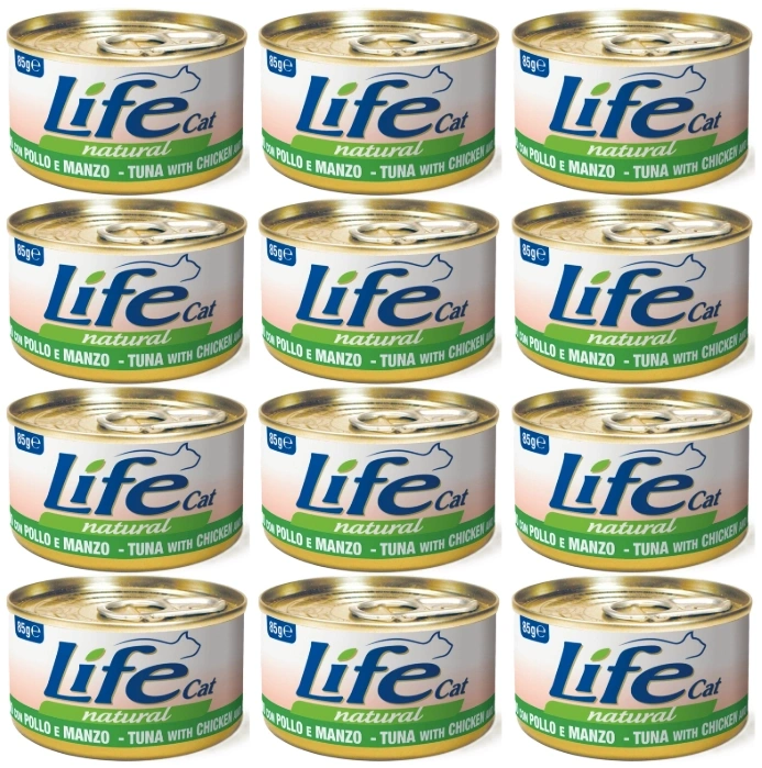 Life Cat Natural kurczak, tuńczyk, wołowina w bulionie 85 g × 12