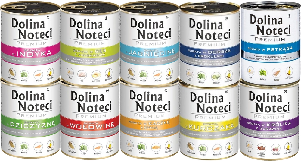 Dolina Noteci Premium dorsz, dziczyzna, gęś, indyk, jagnięcina, kaczka, królik, kurczak, pstrąg, wołowina adult 800 g × 10