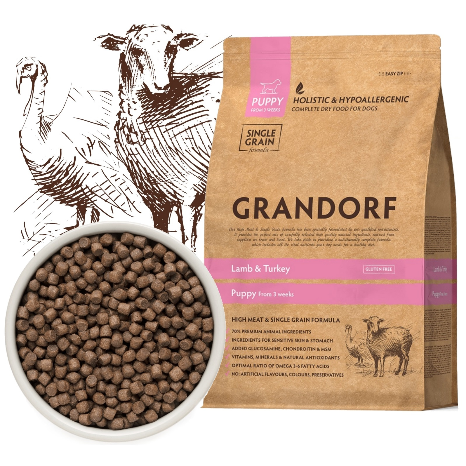 Grandorf jagnięcina, indyk puppy średnie rasy, duże rasy 1 kg