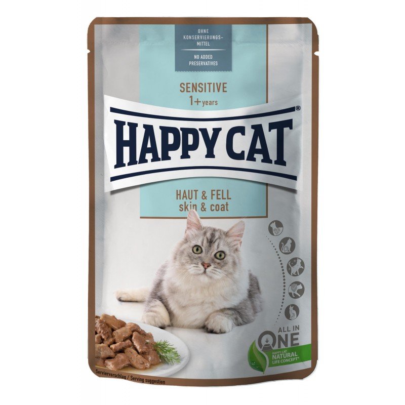 Happy Cat Meat In Sauce Sensitive Skin & Coat kurczak, łosoś w sosie adult 85 g