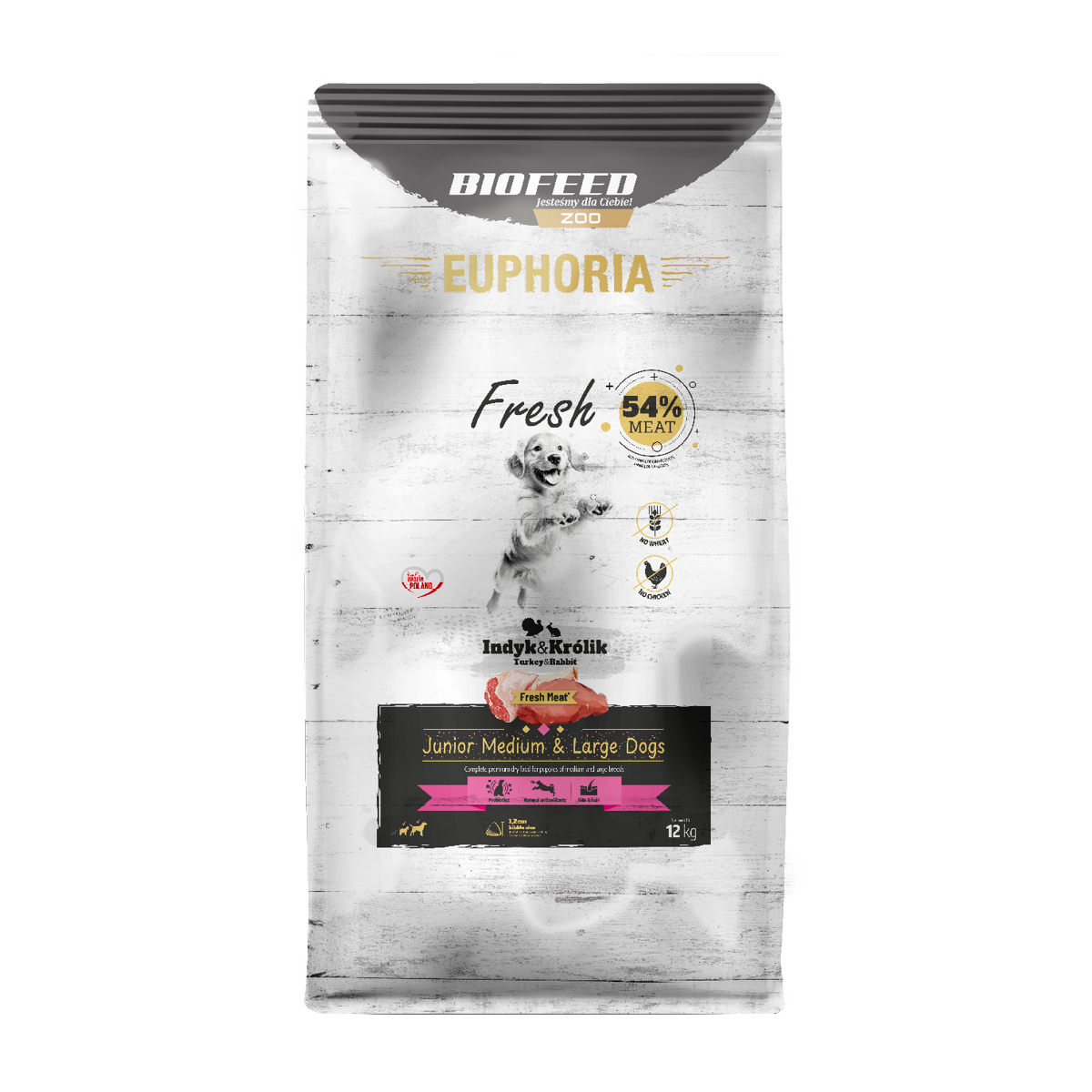 BioFeed Euphoria Fresh Meat indyk, królik junior średnie, duże rasy 12 kg